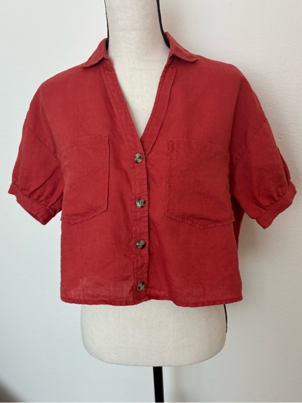 Industry Linen Cropped Button Down Shirt
